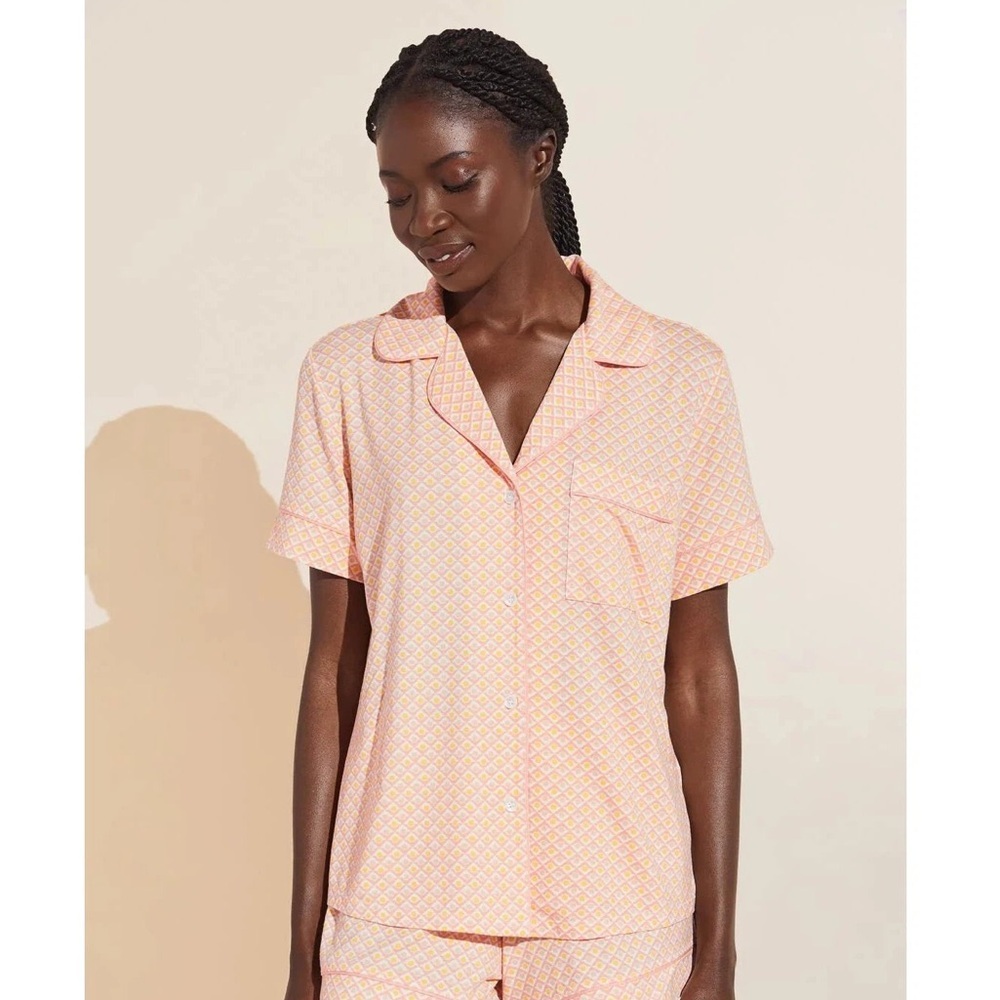 Eberjey Gisele Short Sleeve Pajama Top Pink & Yellow Geo Tile Print SZ XL